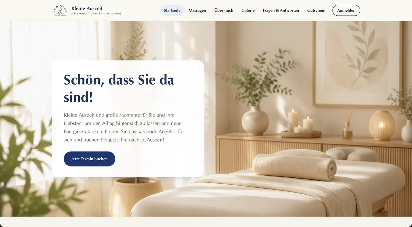 Startseite der Website Kleine Auszeit Lachendorf mit Buchungsmöglichkeit